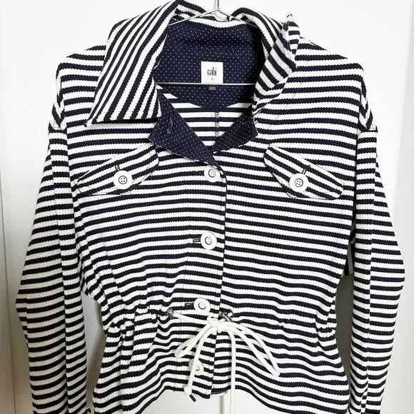 CAbi #5654 Women Medium Blue/White Nautical Striped Harbor Jacket Drawstring S - Picture 6 of 13